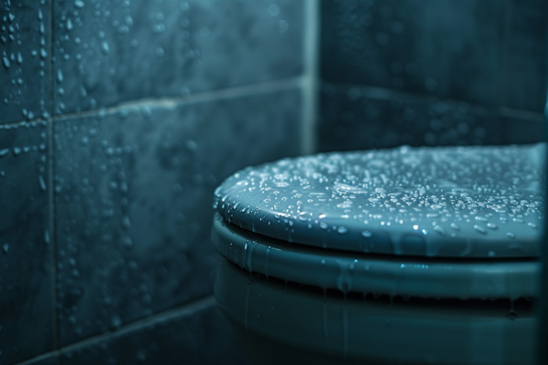 Closed toilet lid with condensation indicating possible mold growth.