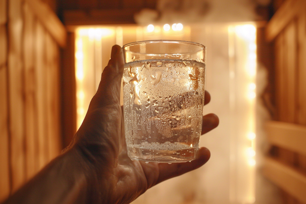 Drinking water in sauna, staying hydrated during relaxation sessions