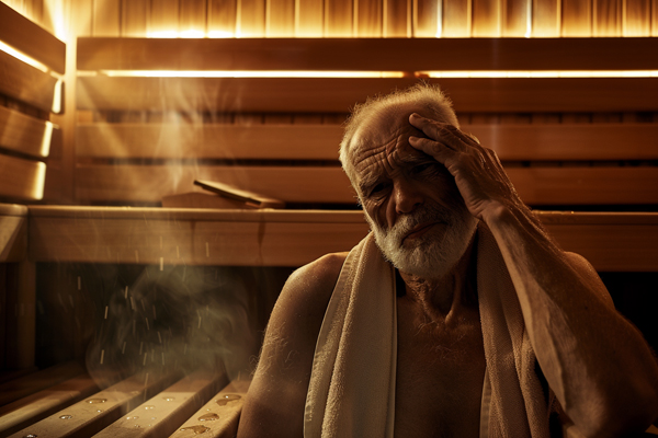 Elderly man in sauna, demonstrating potential benefits for older individuals