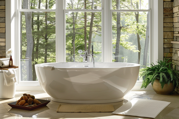 Luxurious freestanding bathtub with nature view, combining elegance and comfort