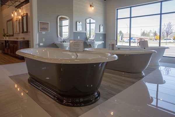 Three bathtubs displayed in a showroom, highlighting variety and style options