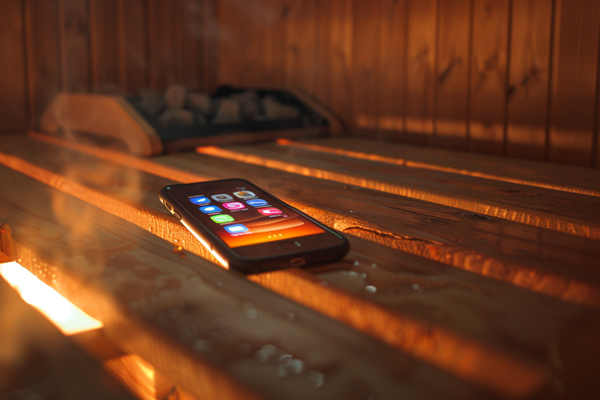 iPhone on wooden bench in sauna, highlighting potential overheating issues