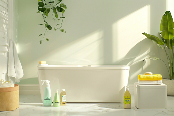 Brightly lit bathroom with easy-to-maintain bathtub, promoting simplicity and cleanliness