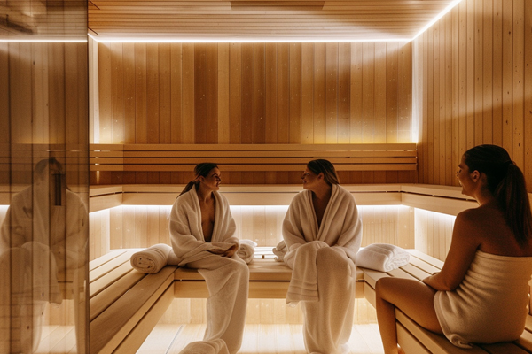 Modern sauna with friends enjoying relaxation time