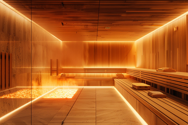 Relaxing in a modern sauna after a workout with warm lighting and wooden interiors.