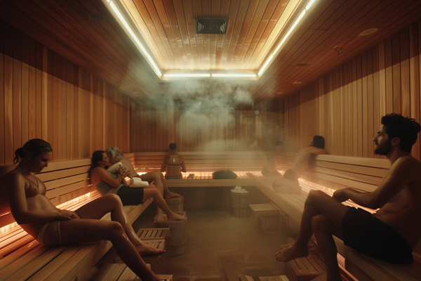 People maintaining sauna etiquette, sitting quietly with towels in a serene wooden sauna.