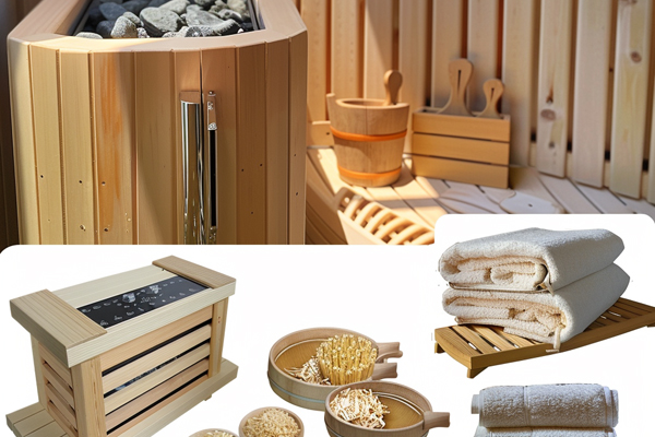 Sauna room tools and interior, highlighting essential tools and design elements