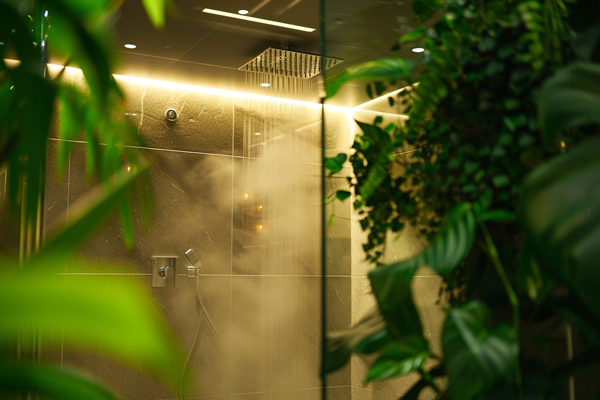 Steam shower in use, a luxurious steam shower being enjoyed by a user