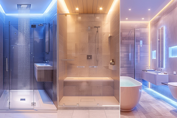 Types of showers, showcasing various styles and configurations