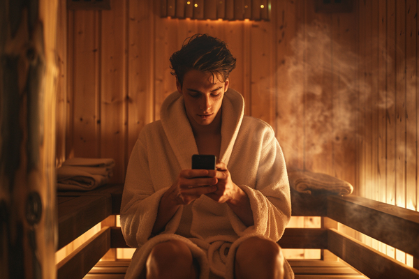 A young man sitting inside a sauna, wearing a bathrobe, focused on his phone under warm, glowing light