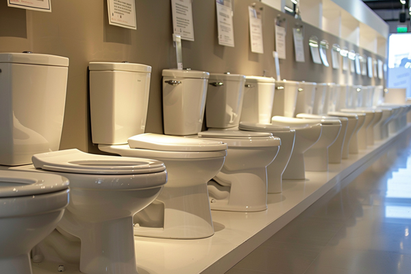Elongated toilet price display, stylish showroom setup for buyers