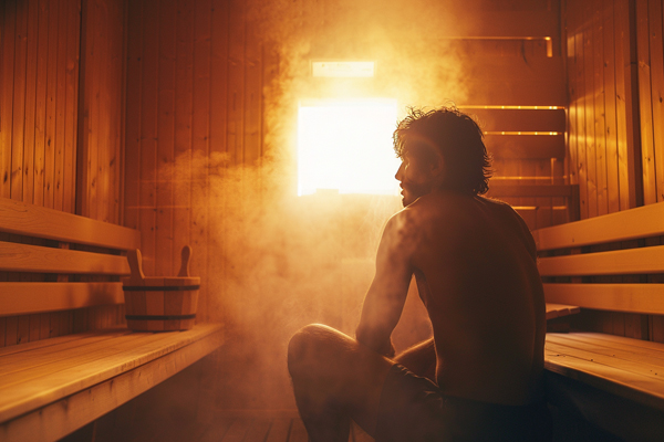 Sitting in a sauna for weight loss, showing a person sweating inside a sauna
