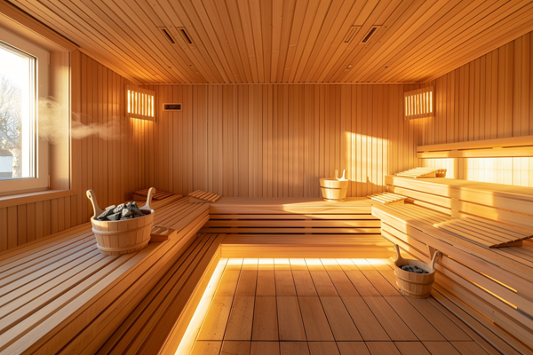 Clean and well-maintained sauna room, wooden benches and heater visible
