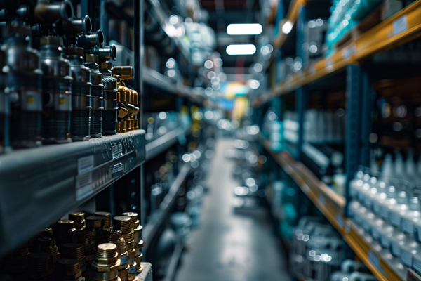 Warehouse shelves stocked with high-quality shower valves for commercial projects