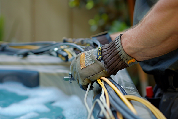 Electric and water utilities being connected for a hot tub in a California backyard.