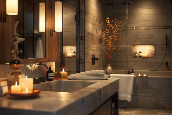 spa and hotel bathroom with designer bronze finish