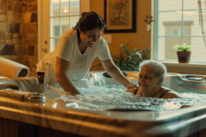 Caregiver assisting elderly woman safely into a spa