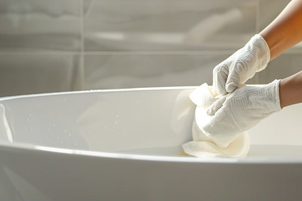 Cleaning an acrylic bathtub with sponge