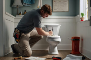 Person repairing a toilet tank to fix slow flush