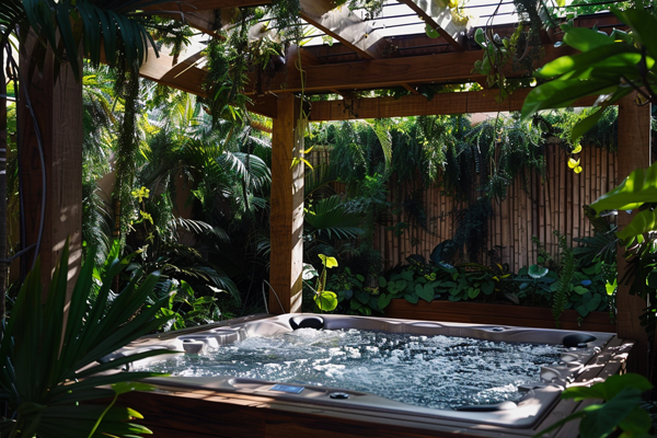jacuzzi with shaded landscaping