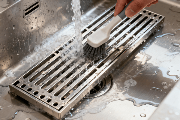 cleaning linear shower grate with brush