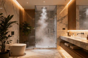 luxury home bathroom with steam shower and spa ambiance