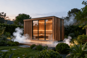 Outdoor sauna in modern backyard 2025, showing luxury wellness lifestyle