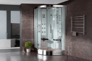 Modern all-in-one steam shower enclosure with steam in a luxury bathroom interior