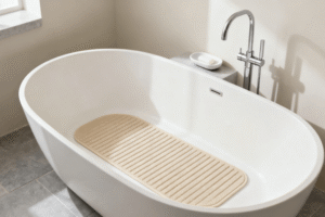A clean bathtub with a neatly placed non-slip bathtub mat representing the final recommendation