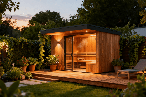 Outdoor Sauna Guide modern outdoor sauna in backyard, luxury wooden cabin surrounded by nature