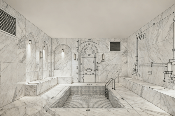 design and build hammam wellness space, architecture planning and layout concept