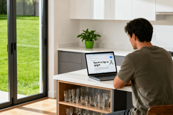 Common Questions Homeowners homeowner researching differences between faucet tap and spigot online