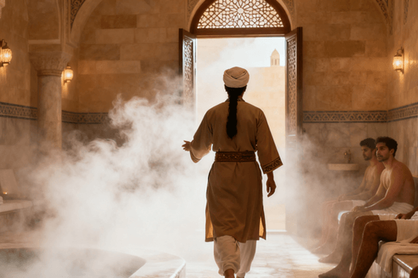 first hammam session experience, visitor enjoying steam and cleansing ritual