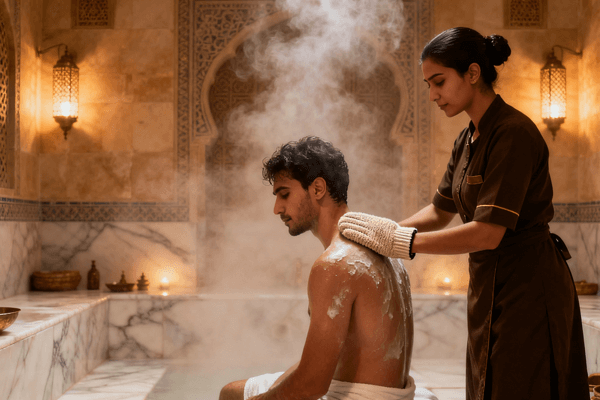 hammam bath ritual steps, scrubbing, rinsing, and massage sequence