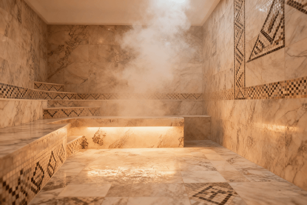 hammam materials and design, marble walls and mosaic tiles interior