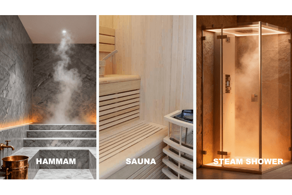 comparison hammam sauna steam room, highlighting temperature and humidity differences