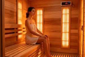Infrared sauna with visible infrared heater panels showing safe and effective usage