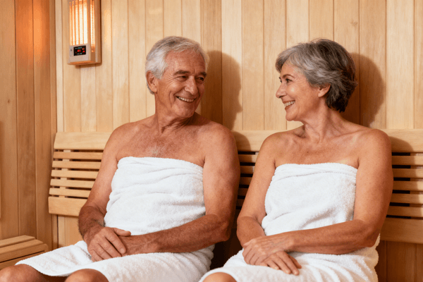 Elderly people using infrared sauna with safety precautions for seniors