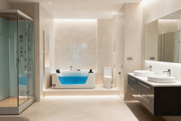 modern spa with authentic hammam experience, warm lighting and marble interior