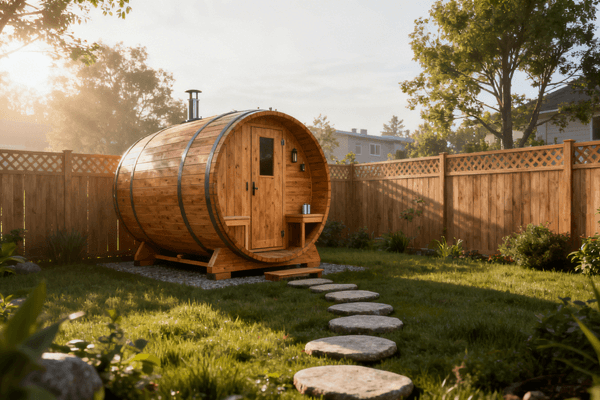 Outdoor sauna in backyard garden on natural landscape