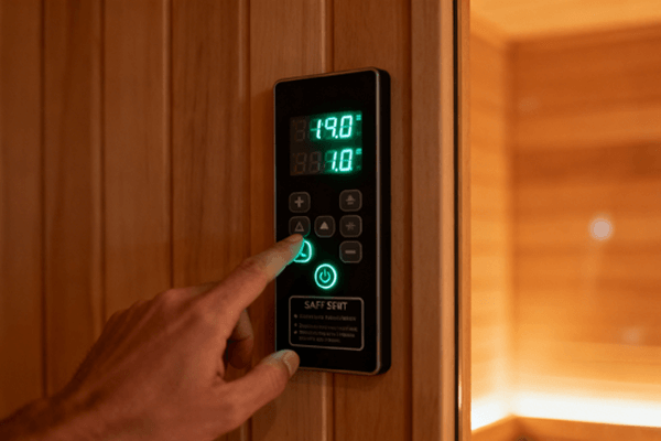 Control panel displaying safe temperature and time settings for saunas
