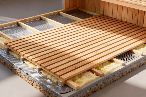 Sauna floor structure diagram with insulation and wooden slats