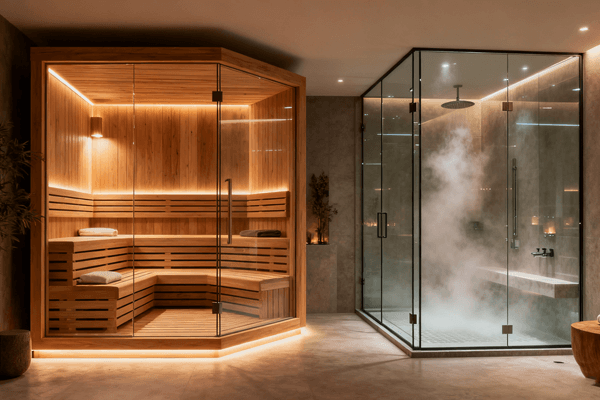 Sauna or steam room comparison decision making, showing two luxurious wellness rooms side by side