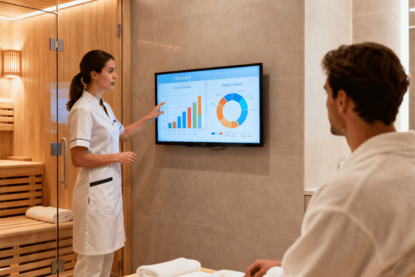 Decision guide: sauna or steam room which one to choose, arrow pointing to options in spa environment