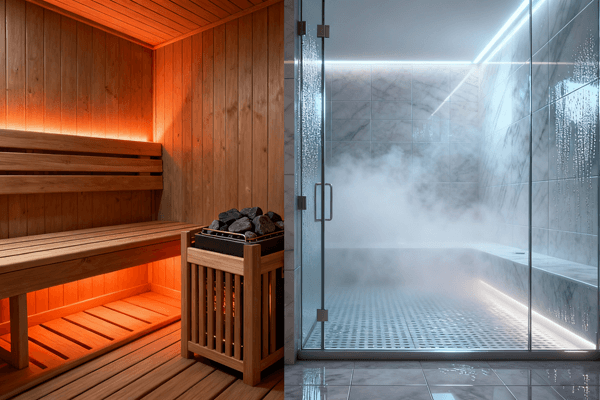 Main differences between sauna and steam room, side-by-side infographic of features