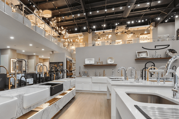 German faucet showroom with premium fixtures displayed