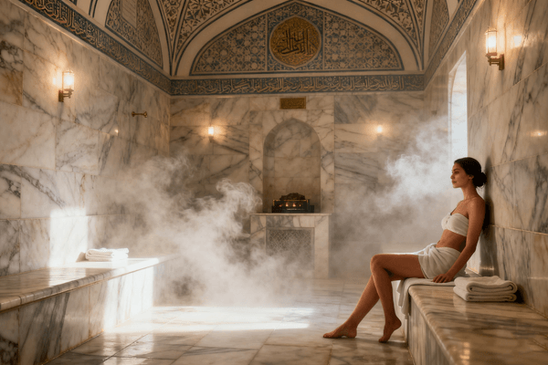traditional hammam operation, showing steam room and water flow system