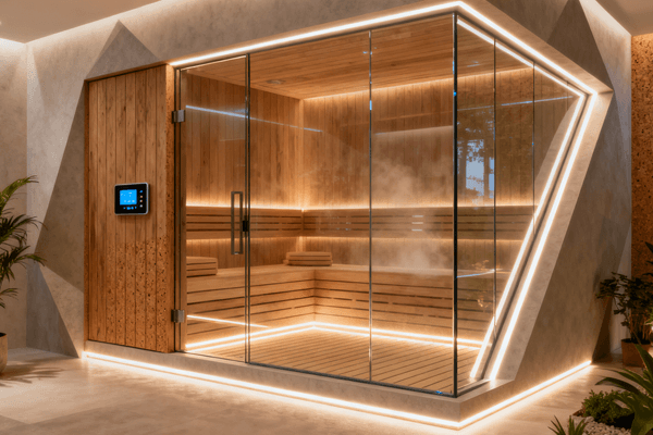Trending sauna and steam room design 2025, stylish spa room with contemporary finishes and lighting