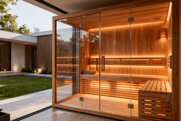 Modern indoor and outdoor sauna overview with glass and wood