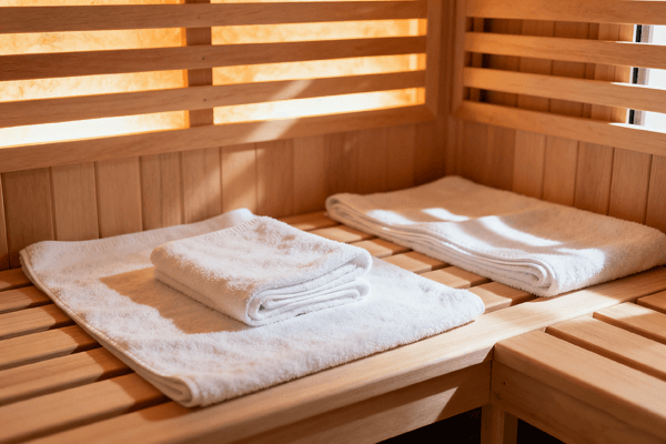 Proper hygiene using towels on benches inside infrared sauna